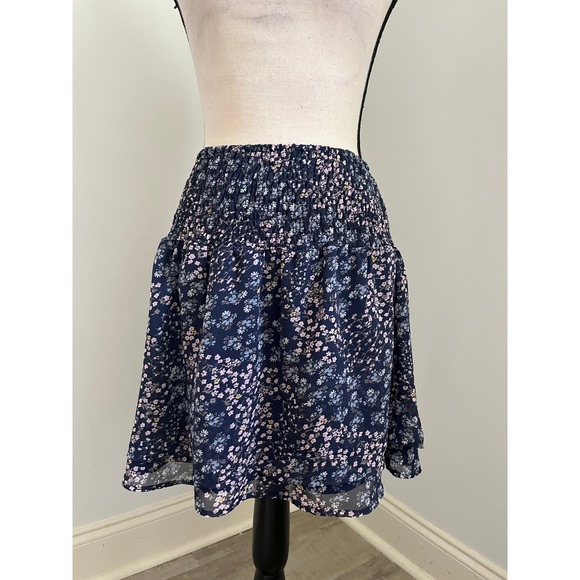 Aqua Dresses & Skirts - Navy Blue Ditsy Floral Smocked Mini Skirt Size Medium Ruffle Tiered Cottagecore